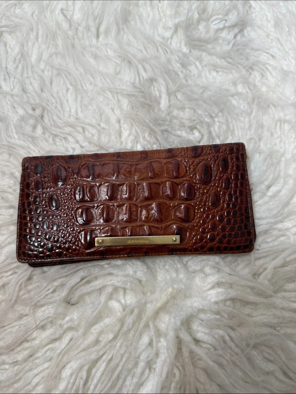 Brahmin Brown Croc-Embossed Leather Wallet with Gold Plate